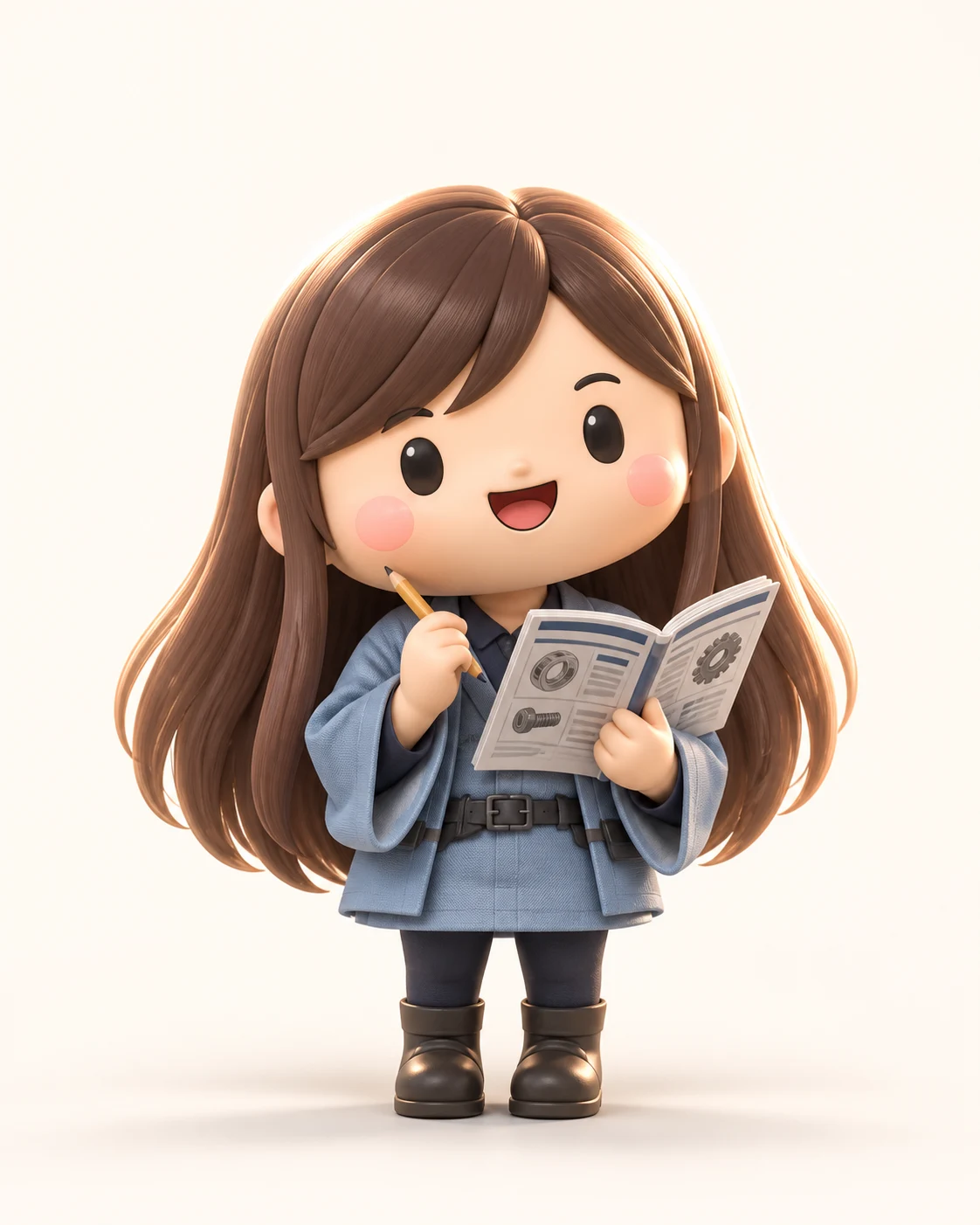 SHOIN：青い服と、長い茶色の髪が目印の女の子。