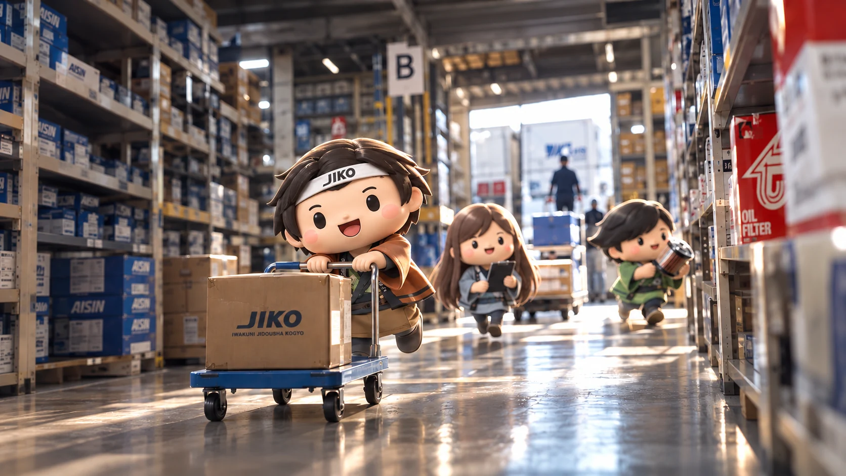 倉庫で3人のキャラクターが迎えるコンセプトビジュアル