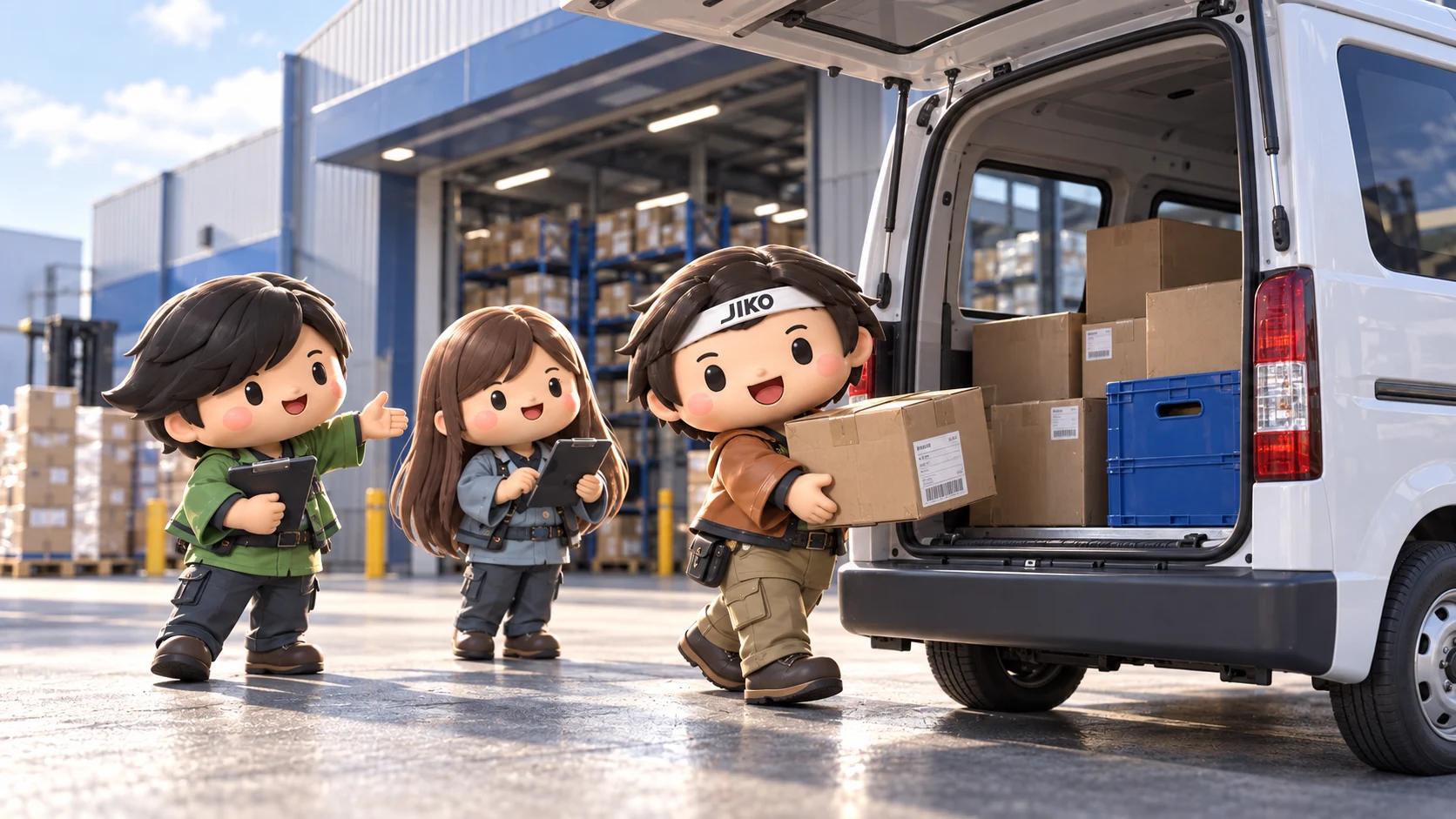 配送車に注文の部品を積み込み、お届けへ向かう3人のキャラクター