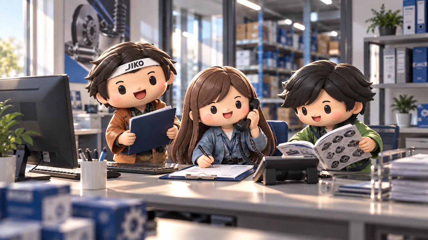 電話で注文を受け、内容を確認する3人のキャラクター