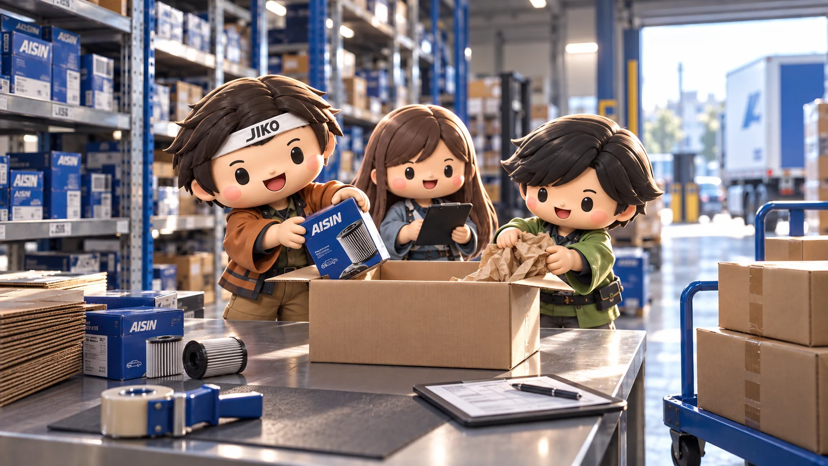 確認した部品を梱包し、出荷準備する3人のキャラクター