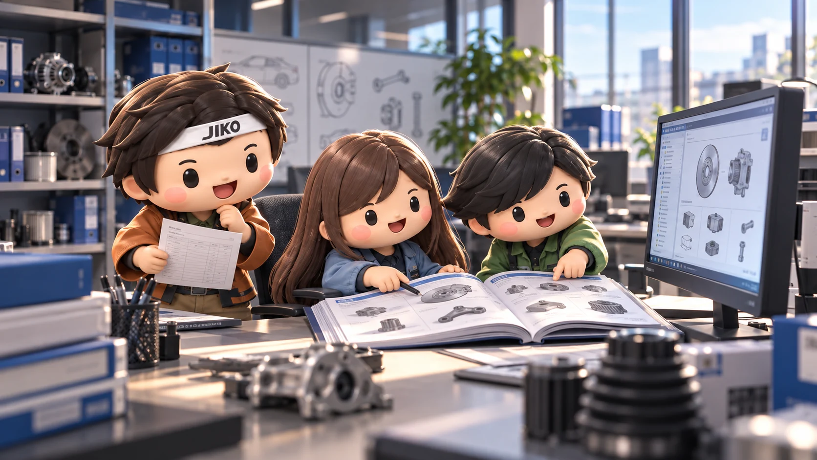 PCとカタログで適合する部品を調べる3人のキャラクター