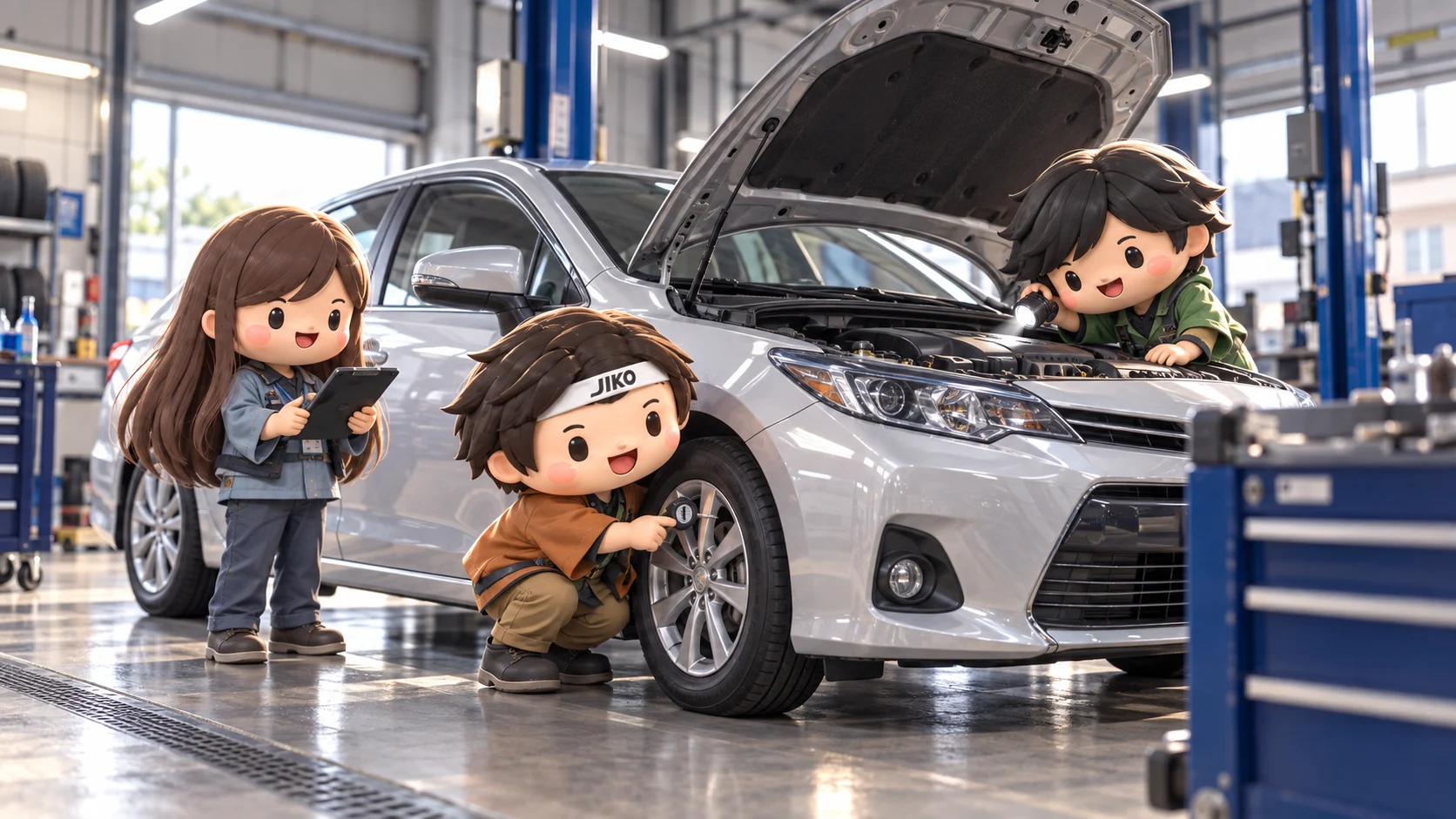 クルマの状態を点検して記録する3人のキャラクター