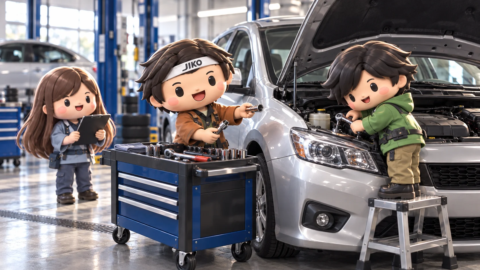工具を使ってクルマを整備する3人のキャラクター