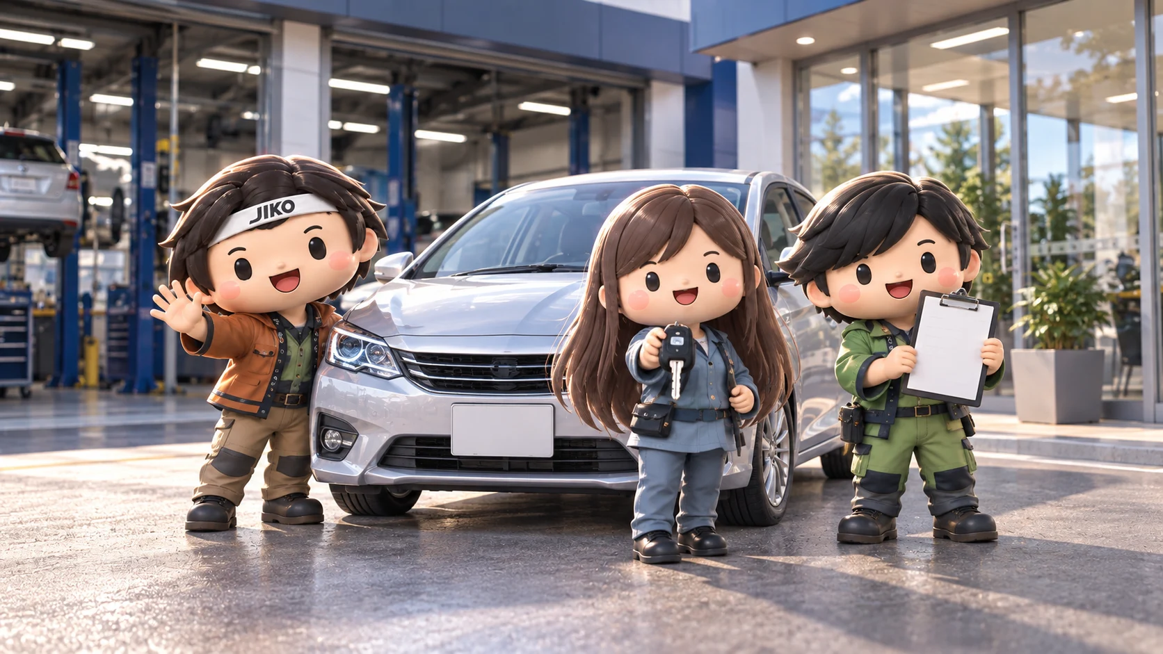 整備を終えたクルマの鍵をお渡しする3人のキャラクター