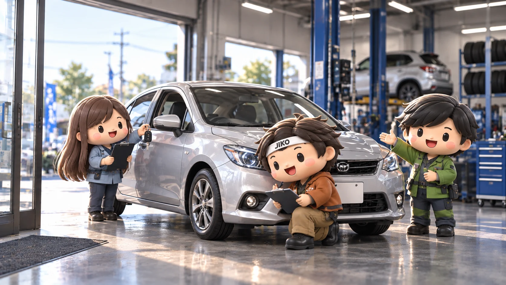 お客様のクルマを迎え、受付する3人のキャラクター